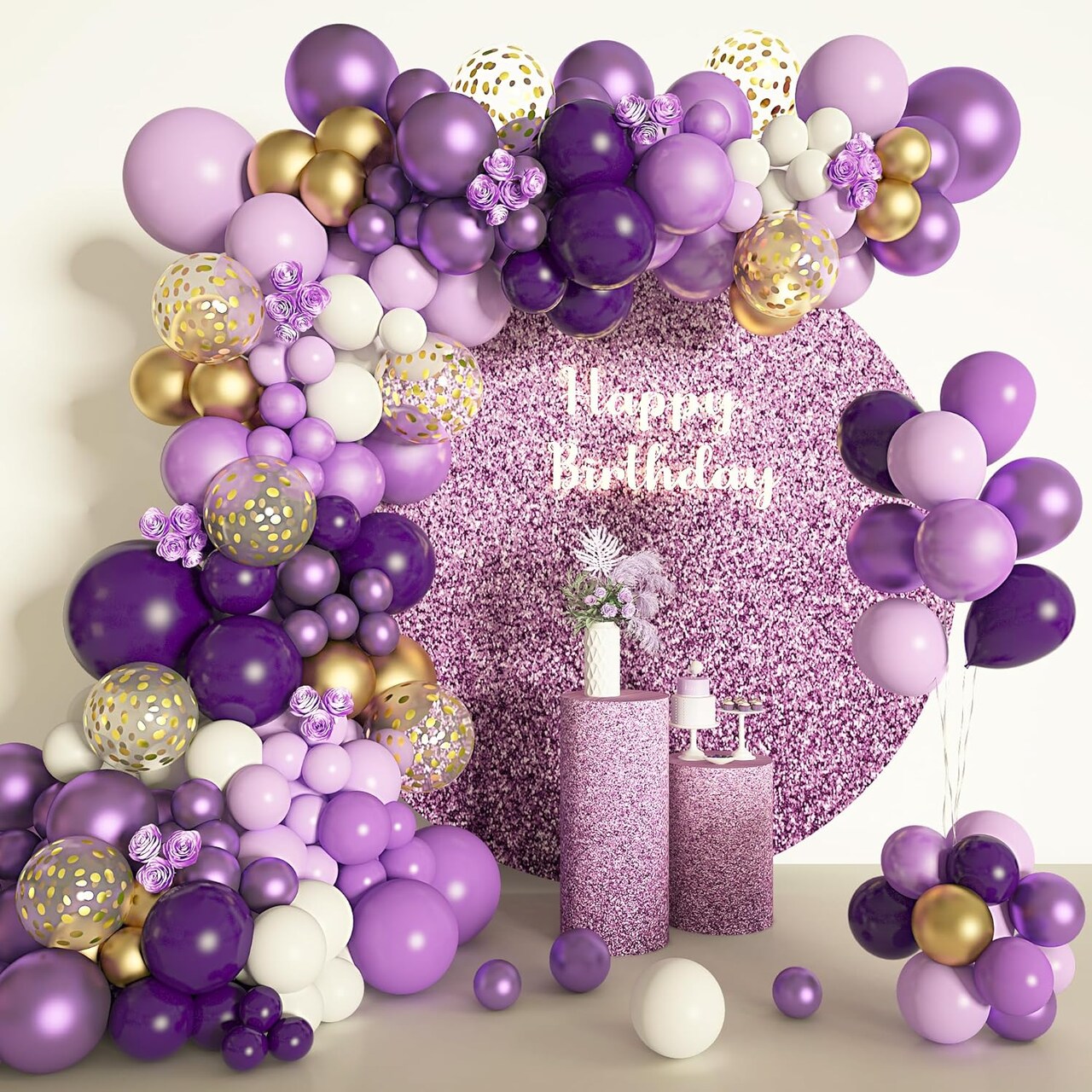 150Pcs Purple Balloons Garland Arch Kit, Light Pastel Purple Gold White Balloons Confetti Latex Metallic Balloons for Women Birthday Baby Shower Wedding Party Decorations Supplies